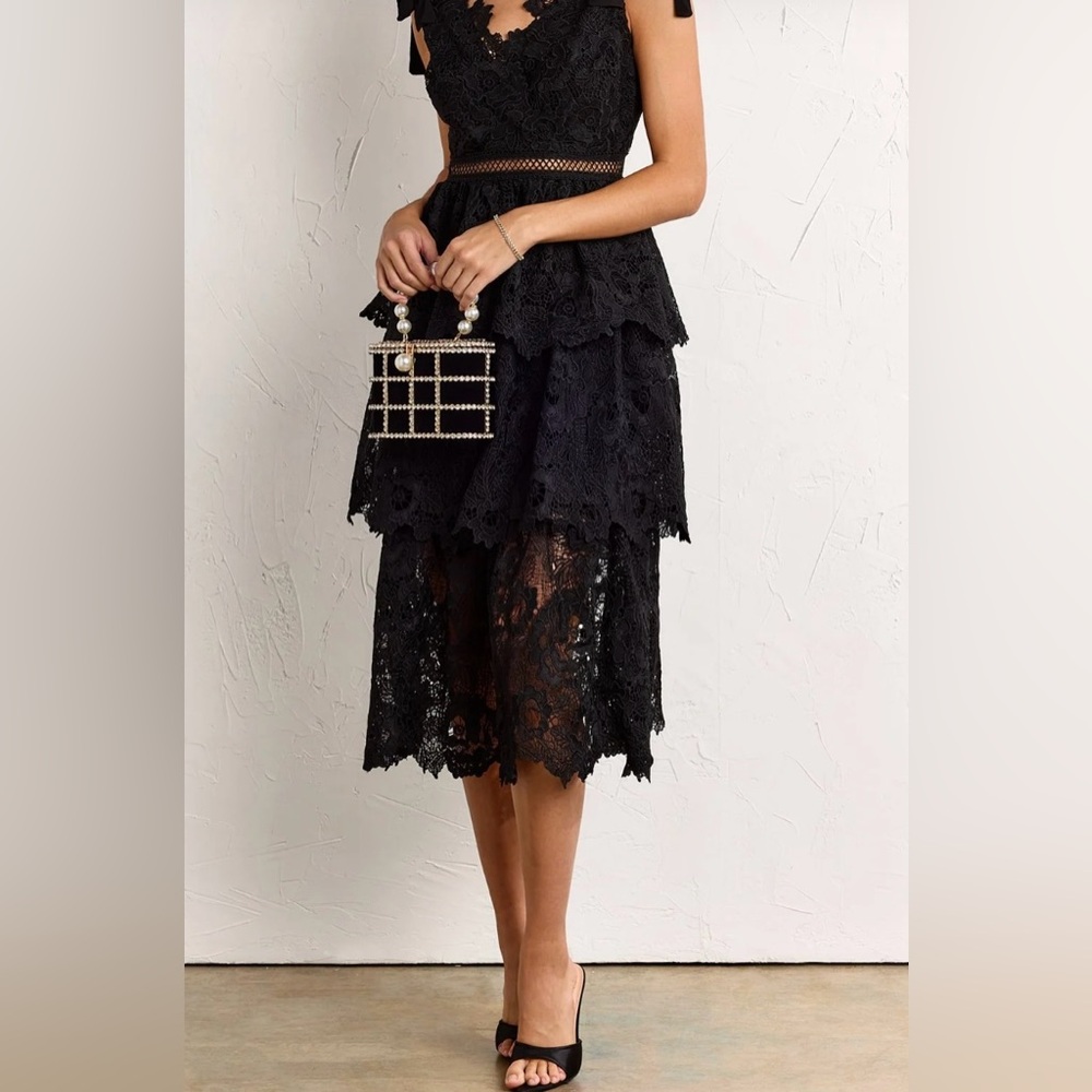 NY&C Floral-Crochet Tiered Tie-Shoulder Dress - Just Me Black Size M - Picture 3 of 9